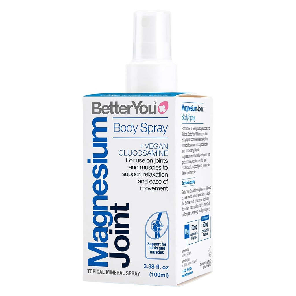 BetterYou Magnésium Joint Spray - Spray de soulagement musculaire - Chlorure de magnésium topique et glucosamine - Refroidissement du menthol et de l'eucalyptus - 3,38 oz