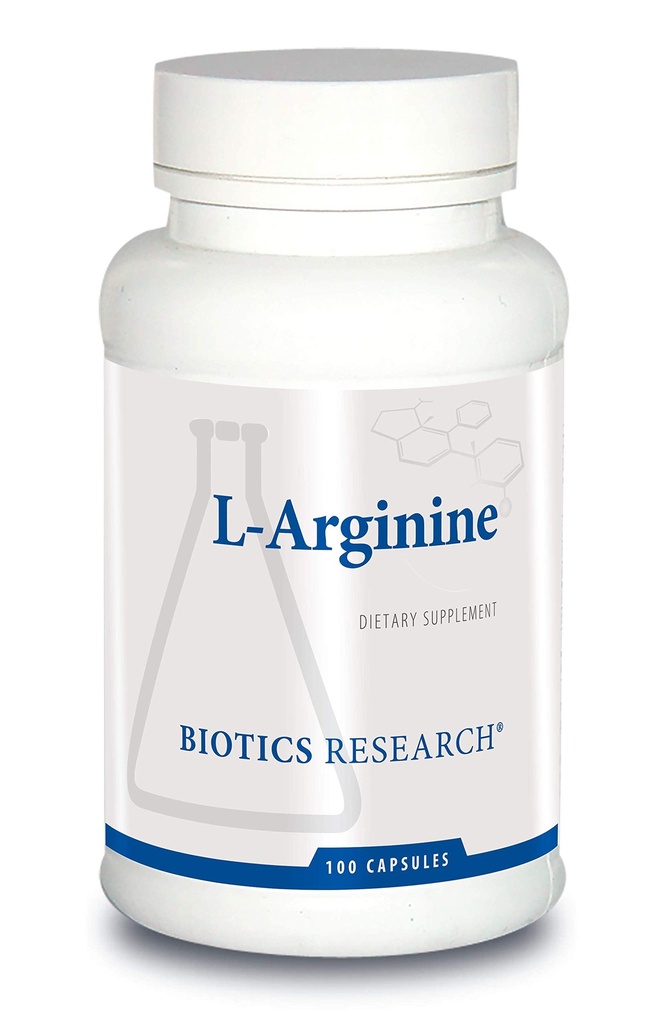 Recherche en biotique L Arginine, important acide amino, bloc de construction pour les muscles, performance d'exercice, soutien tissulaire conjonctif, booster à oxyde nitrique, soutient la santé cardiovasculaire, 100 capsules