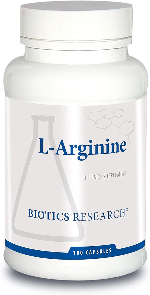 Recherche en biotique L Arginine, important acide amino, bloc de construction pour les muscles, performance d'exercice, soutien tissulaire conjonctif, booster à oxyde nitrique, soutient la santé cardiovasculaire, 100 capsules