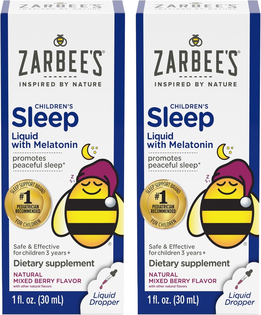 Supplément de sommeil pour enfants de Zarbee liquide avec 1mg de mélatonine; sans médicament et efficace; facile à prendre saveur de baie naturelle pour les enfants de 3 ans et plus; 1 Fl Oz bouteilles, boîte de 2
