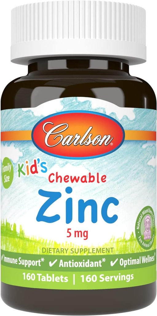 Carlson - Kid's Chewable Zinc, 5 mg, Soutien de la santé, Natural Mixed Berry Flavor, 160 comprimés