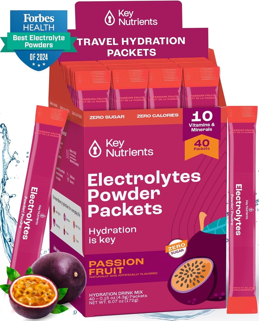 Paquets de poudre pour électrolytes multivitamines - Delicious Passion Fruit 40 Packs d'hydratation - Poudre d'hydratation de voyage - Pas de sucre, pas de calories, sans gluten - Fabriqué aux États-Unis