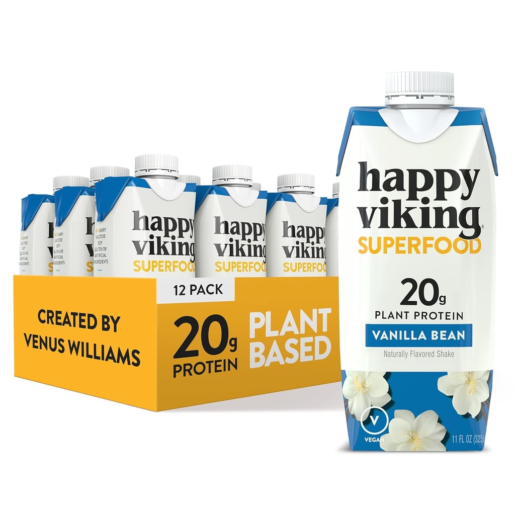Vanilla Bean Vegan Plant Protein Shakes by Happy Viking, Created by Venus Williams, 20g de protéines, Oméga-3, 9 acides aminés et BCAA, sans gluten, sans OGM, prêt à boire, boîte de 12 (11oz)
