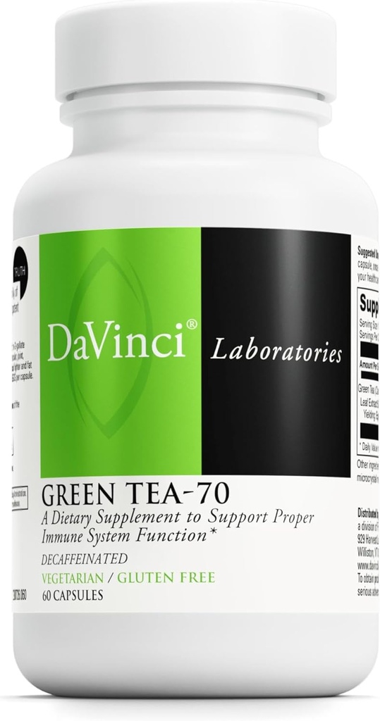 DaVinci Labs Green Tea-70 - Supplément alimentaire pour soutenir le système immunitaire, la santé cardiovasculaire et le cholestérol - avec extrait de thé vert - Décaféiné - Sans gluten -60 capsules végétariennes