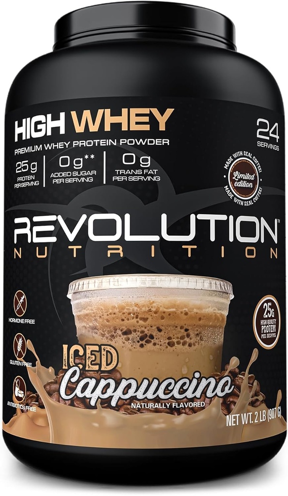 Revolution Nutrition, High Whey, Protéines Poudre 2LB, Whey Isolate, Sans gluten, Masse musculaire maigre pour les hommes et les femmes, 25g de protéines par scoop, 908 g, 24 portions (Iced Cappuccino, 2 livres)