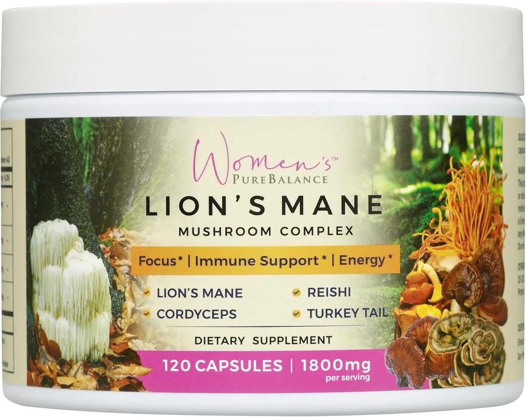 Gélules de complément de champignons de lion PureBalance pour femmes avec Reishi, Cordyceps, Turkey Tail – Cerveau Nootropic pour la mémoire, Focus, Énergie naturelle, & Immune Support, Non-OGM (120 capsules)