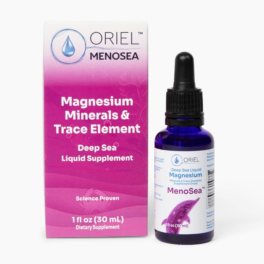 Oriel Liquid Magnésium gouttes Menosea, Absorption rapide, Magnésium Ion libre, Minéraux et 78 éléments de traces, soutient le bien-être de la ménopause, favorise l'équilibre, bien-être, relaxation, 30ml, 30 jours d'approvisionnement