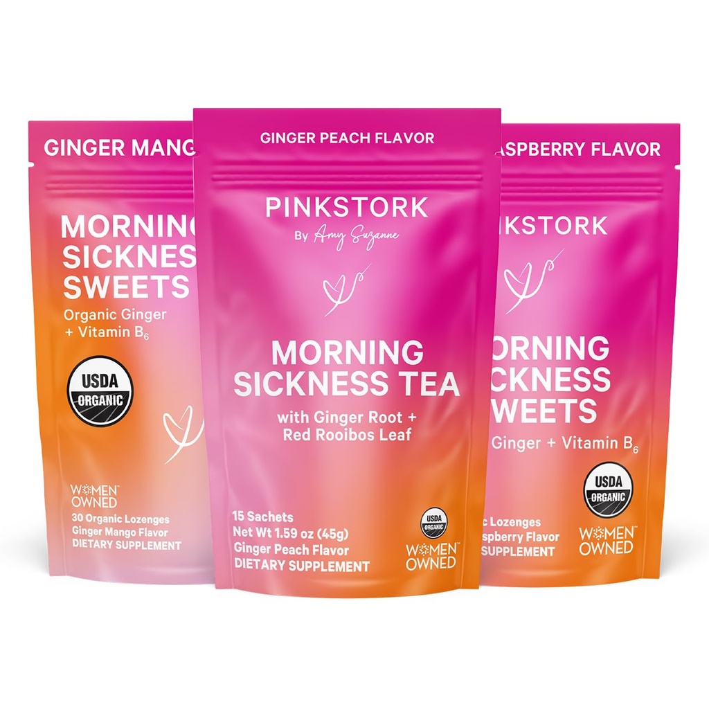 Pink Stork Morning Sickness Relief Kit – 3-Piece Bundle with Organic Ginger Peach Tea, B6 Sweets, Ginger Lozenges – Pregnancy Support, First Trimester Essentials, Gift for Pregnant Women