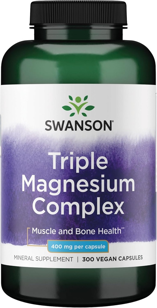 Swanson Triple Magnésium Complex - Supplément de magnésium pour le cerveau, l'énergie, les os, le stress, le muscle et le sommeil* - Contient de l'aspartate de magnésium, du citrate et de l'oxyde - 300 capsules végétaliennes
