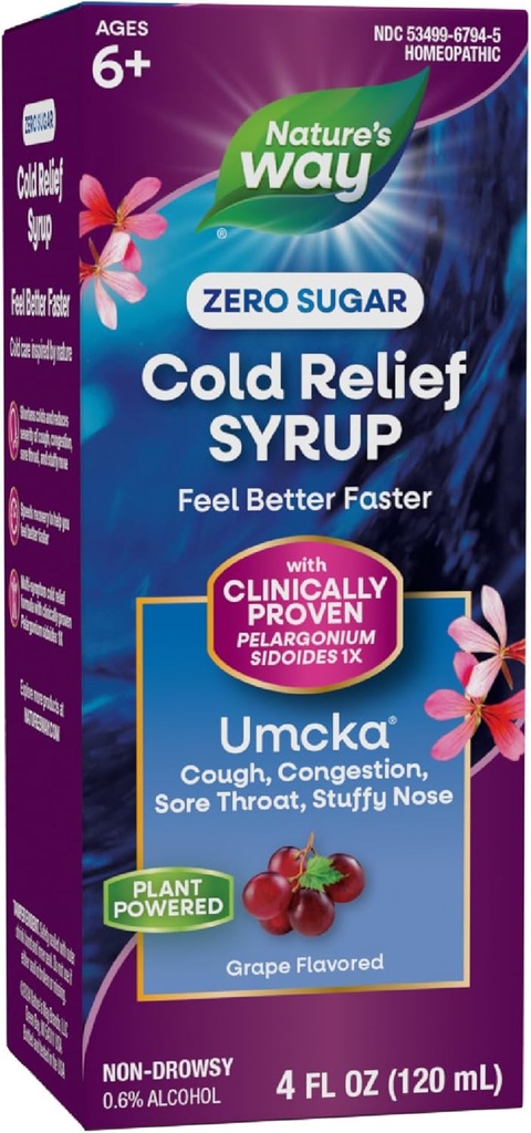 Nature's Way Cold Relief Zero Sugar Sirop, Umcka, homéopathique, raccourcit les rhumes, la gorge douloureuse, la toux, la congestion, et le nez farci, Phenylephrine Free, le raisin aromatisé, 4 Fl Oz (emballage mai Vary)