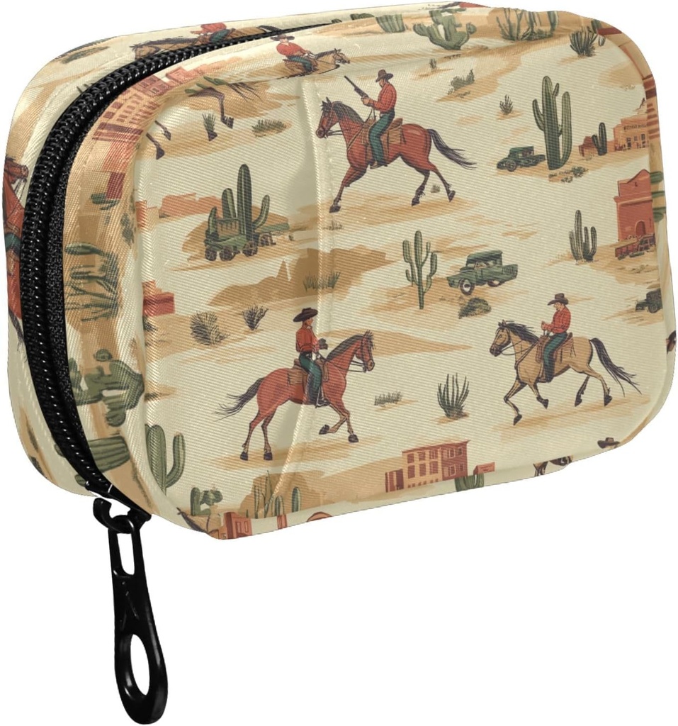 Fustylead Cowboy Riding Horse and Desert Cactus Pill Organizer for Purse, Weekly Portable Pill Box with Zipper to Storage Vitamines Huiles de poisson Médicaments Suppléments