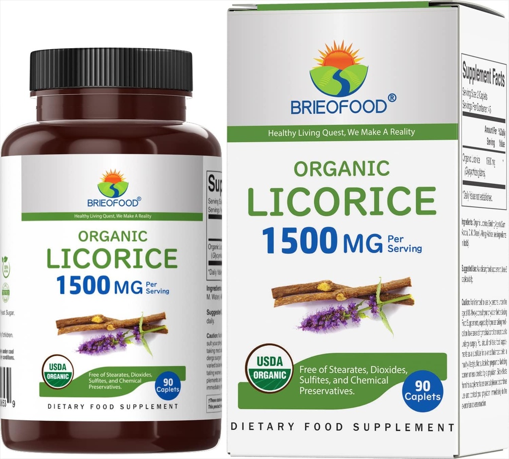 Brieofood L'huile de réglisse biologique 1500mg, 45 portions, végétarien, sans gluten, 90 comprimés végétariens