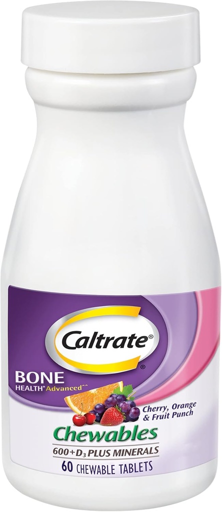 Caltrates à croquer 600 Plus D3 Plus Minéraux Supplément de vitamine D au calcium, cerise, orange et punch aux fruits - 60 Compte
