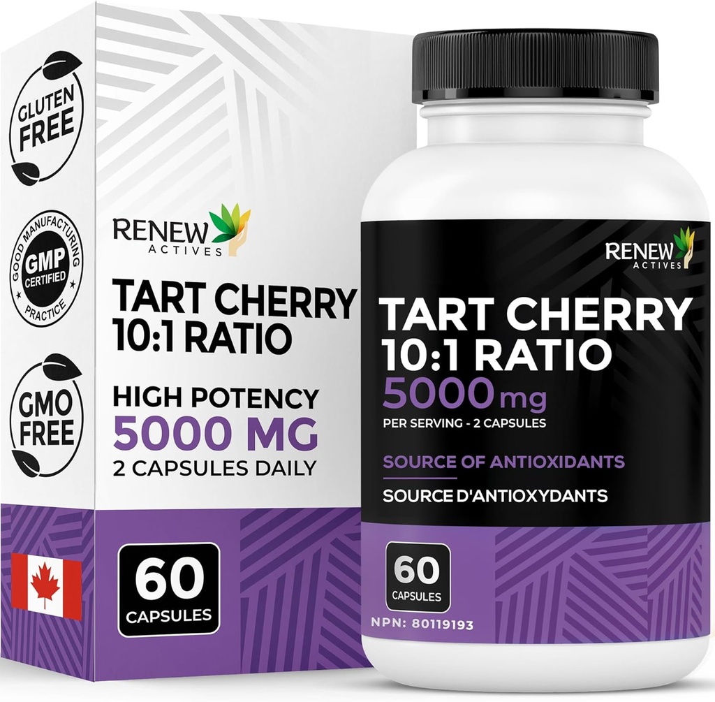Renouveler Actives Tart Cherry Extra 500mg par 2 capsules – Antioxydant de haute capacité pour une protection et un bien-être radicaux gratuits – 60 capsules faciles à avaler – Fabriquées au Canada