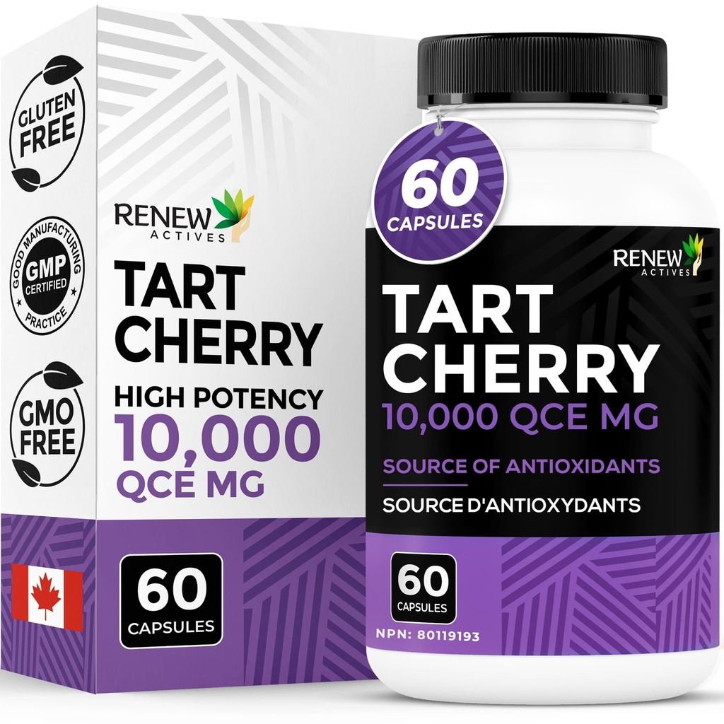 Renouveler Actives Tart Cherry Extra 500mg par 2 capsules – Antioxydant de haute capacité pour une protection et un bien-être radicaux gratuits – 60 capsules faciles à avaler – Fabriquées au Canada