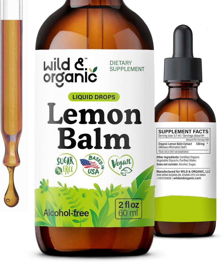 Drops de baume de citron sauvage et biologique - Supplément d'extrait de feuille de baume de citron relaxant - Apaisant la teinture Melissa Officinalis - Vegan, Sucre et Sans alcool - 2 fl oz