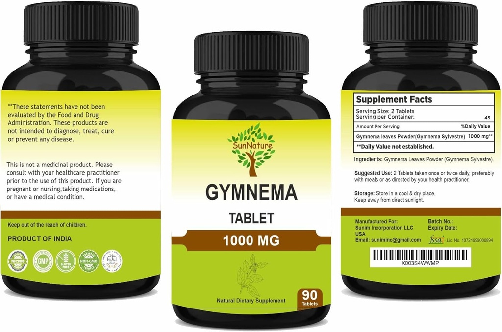 Comprimés Gymnema 90 Comprimés, 1000 mg, 45 jours d'approvisionnement