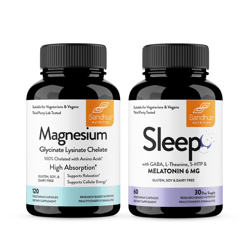 Sandhu's Magnésium Glycinate Lysinate Facile à avaler 120 Capsules & Sommeil 60 Capsules – Non-Habit formant 5-en-1 Supplément d'aide au sommeil