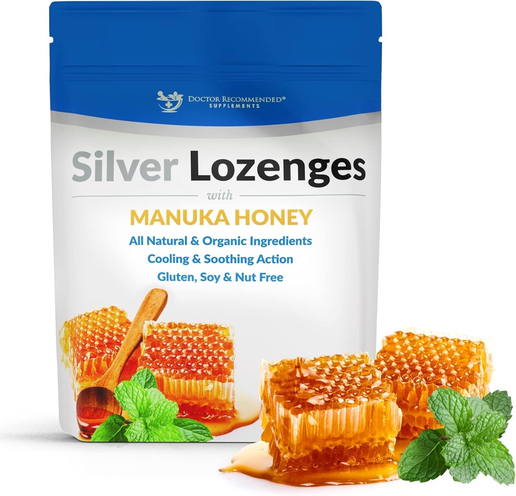 Lozanges d'argent au miel de Manuka biologique et vitamine C - Nano Argent tout naturel 45-50mcg de 60 PPM gouttes minérales d'argent colloïdal pour soutenir le système immunitaire, Soothe, Toux et gorge froide, 24-Lozenges