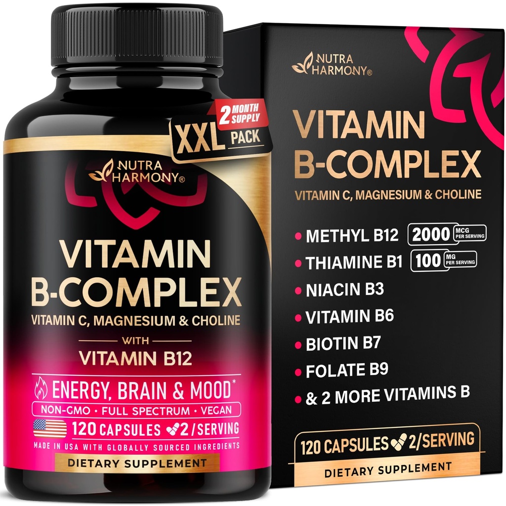 Vitamin B Complex for Men & Women - Riboflavin B2, B12, B1, B3, B5, B6, B7, B8, B9 | Vitamin C, Choline, Inositol | B-Complex Supplement | Energy, Brain & Heart Support | Lab Tested | 120 Vegan Caps