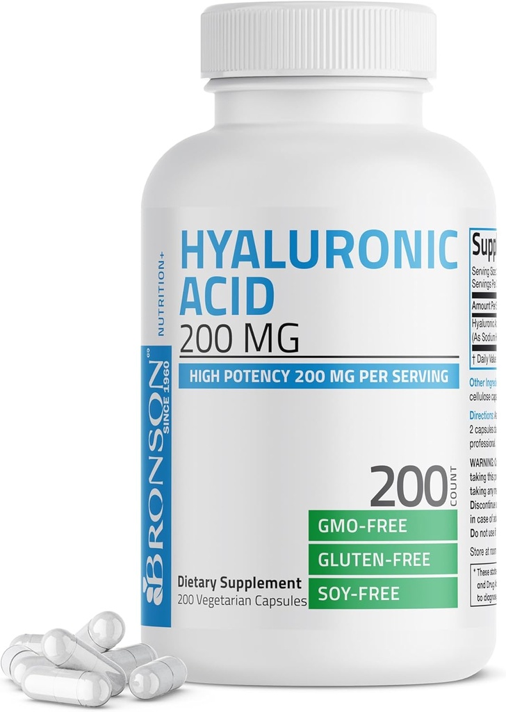 Bronson acide hyaluronique 200 MG haute puissance articulaire santé et santé de la peau, non-OGM, 200 capsules végétariennes