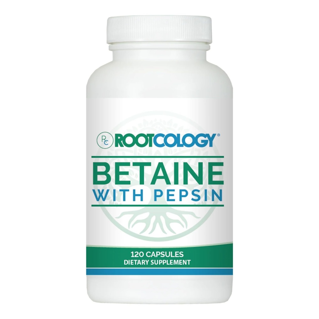 Rootcologie par Dr. Izabella Wentz. Bétaine avec Pepsin. 750mg Bétaine HCl avec 50mg Pepsin pour support de digestion 120 Capsules