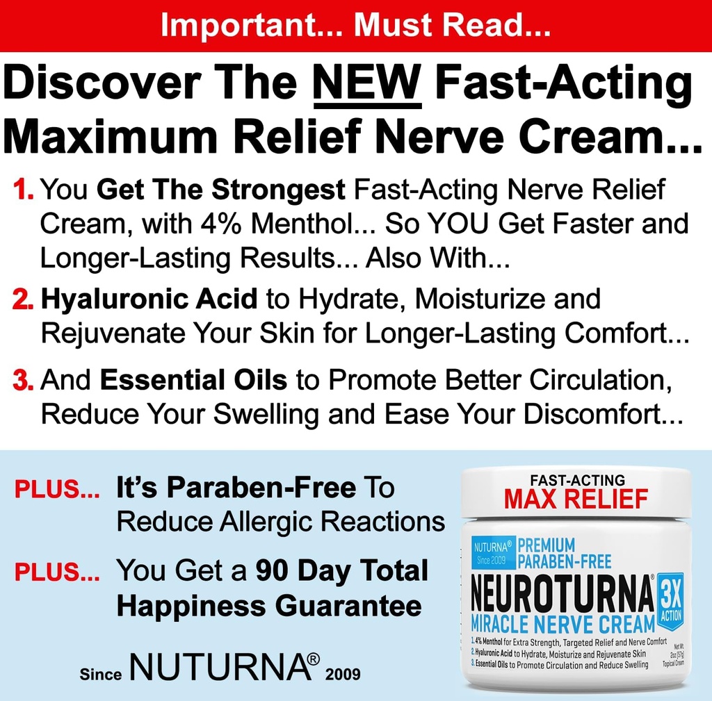 Crème Nerve Relief pour la neuropathie - Crème Nerve Premium 3X Action pour le soulagement ciblé et le confort Nerve - Force maximale avec 4% Menthol, Arnica, MSM pour les pieds Jambes orteils et dos - 2 Oz