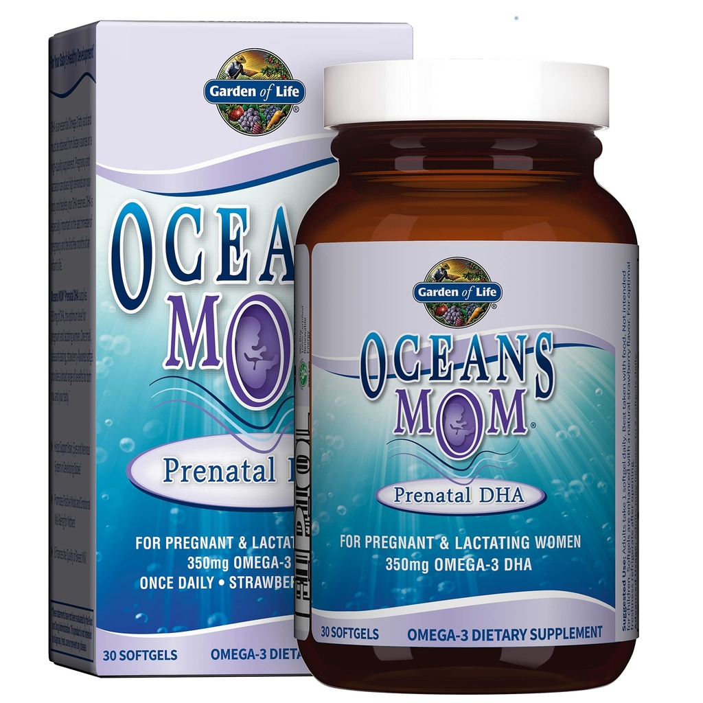 Garden of Life Oceans Mom Huile de poisson prénatale DHA, supplément Omega 3 - Fraise, 350mg Huile de poisson prénatale DHA soutien pour mamans, bébés Cerveau et développement des yeux, 30 petits softgels