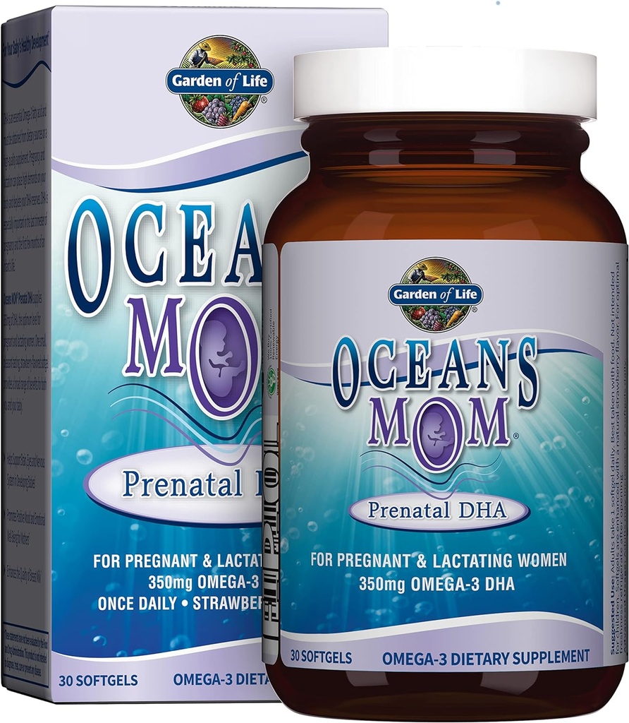 Garden of Life Oceans Mom Huile de poisson prénatale DHA, supplément Omega 3 - Fraise, 350mg Huile de poisson prénatale DHA soutien pour mamans, bébés Cerveau et développement des yeux, 30 petits softgels