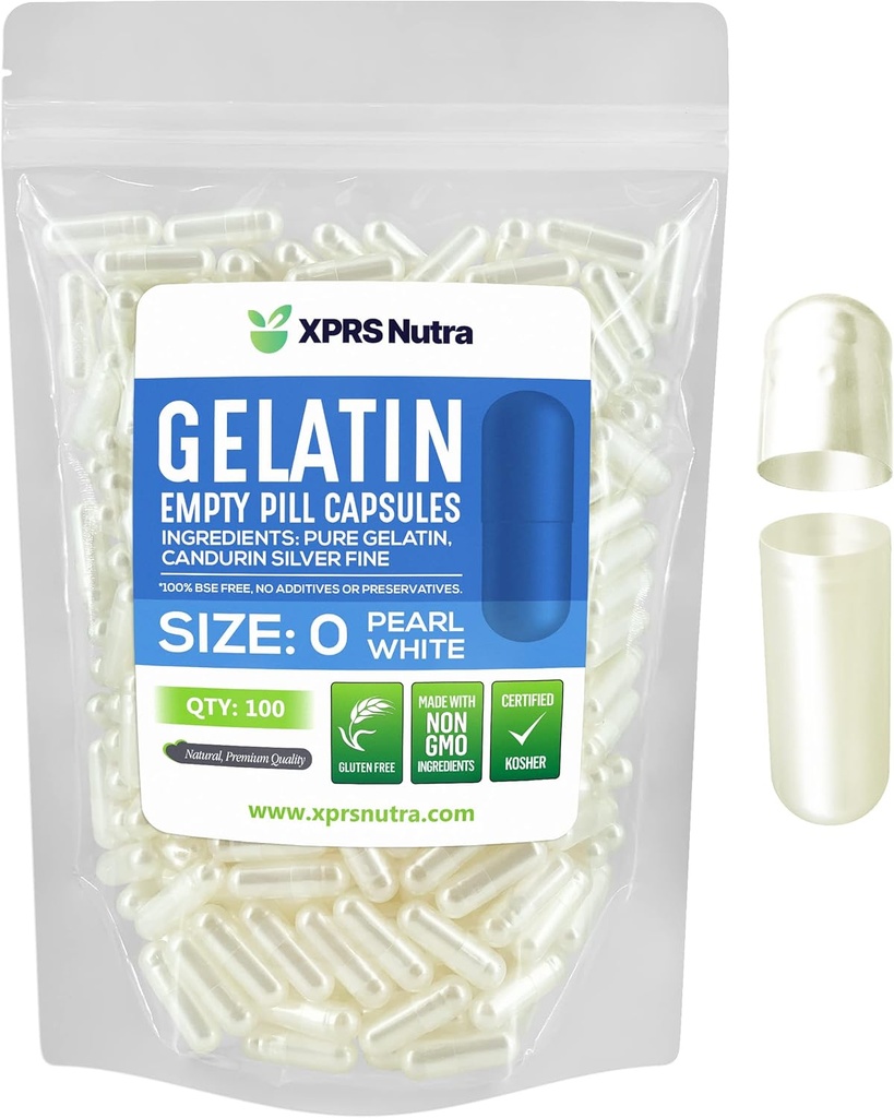 XPRS Nutra Taille 0 Capsules vides - 100 Compte Capsules de gélatine vides - Pills Bricolage Capsule Remplissage - Pure Pilule Gel Caps pour Do-It-Youlf Suppléments (Pearl White)