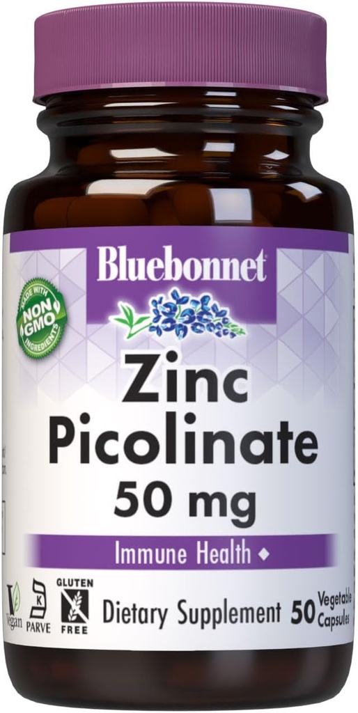 Bluebonnet Nutrition Zinc Picolinate, Hormonal & Immune, Prostate Health, Peau, Vegan, Non OGM, Gluten, Soy & Lait, Casher, Blanc, 50 Comte