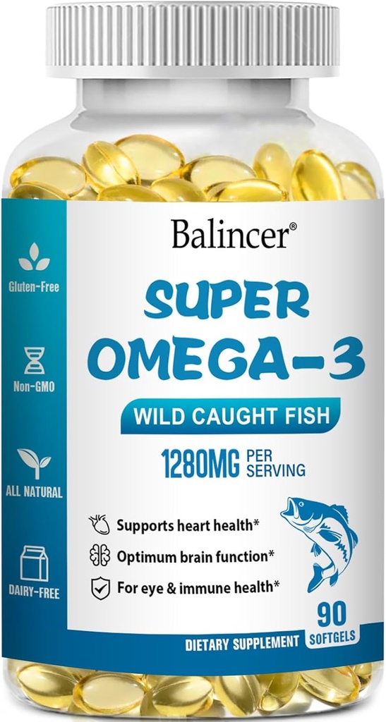 Omega 3 Suppléments à l'huile de poisson, 1280 mg Omega-3 Acides gras incluant EPA et DHA, suppléments à l'huile de poisson sans Burpless sauvage soutient la santé du coeur, du cerveau et des yeux, 90 Softgels