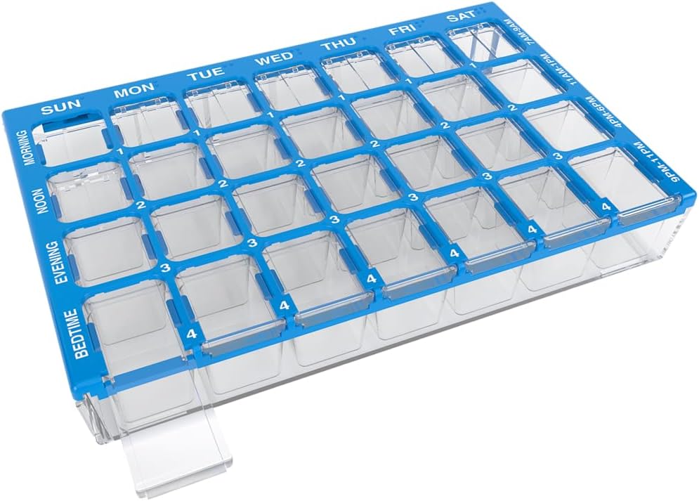 EZY DOSE Pill Organizer Weekly (7 jours), planificateur de médicaments, boîte à vitamines, petits compartiments avec bac de remplissage facile, 4 fois par jour, récipient facile à utiliser, lids clairs, bleu, sans BPA