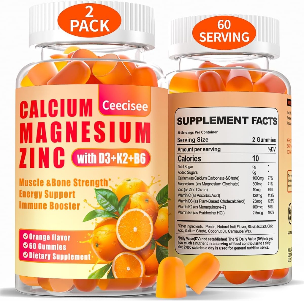 Gommies de zinc de magnésium de calcium avec D3 & B6 & K2,1000mg Gommies de calcium avec 300mg Soutien de magnésium énergie immune pour les adultes et les adolescents, sans sucre(120Count)