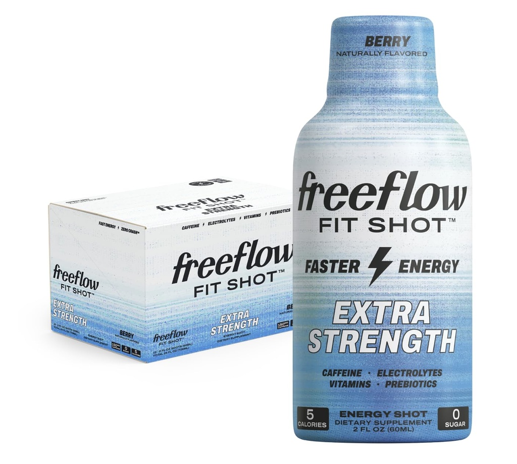 Freeflow Fit, Extra Strength Energy Shot, Berry (2 once shot, pack de 12) - 150mg de caféine par shot, zéro calories, zéro sucre...