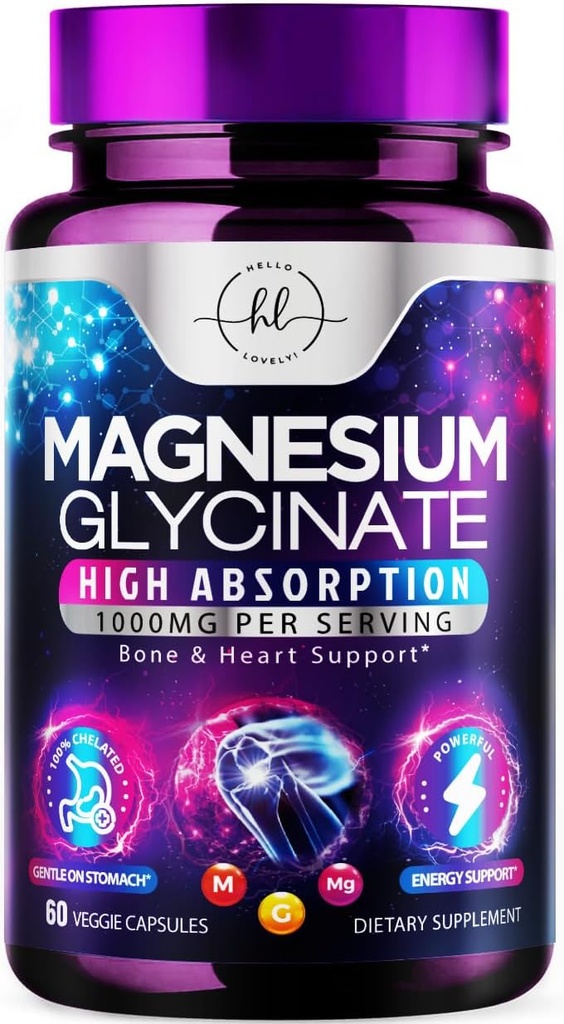 Magnésium Glycinate 1000mg - Haute absorption et chélaté pour soutenir la santé des os, des muscles, des nerfs et du cœur - Sommeil et stress naturels Soutien aux femmes et aux hommes - Sans végane, sans gluten et sans soja, sans OGM - 60 capsules