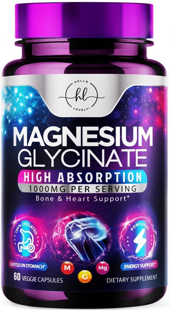 Magnésium Glycinate 1000mg - Haute absorption et chélaté pour soutenir la santé des os, des muscles, des nerfs et du cœur - Sommeil et stress naturels Soutien aux femmes et aux hommes - Sans végane, sans gluten et sans soja, sans OGM - 60 capsules