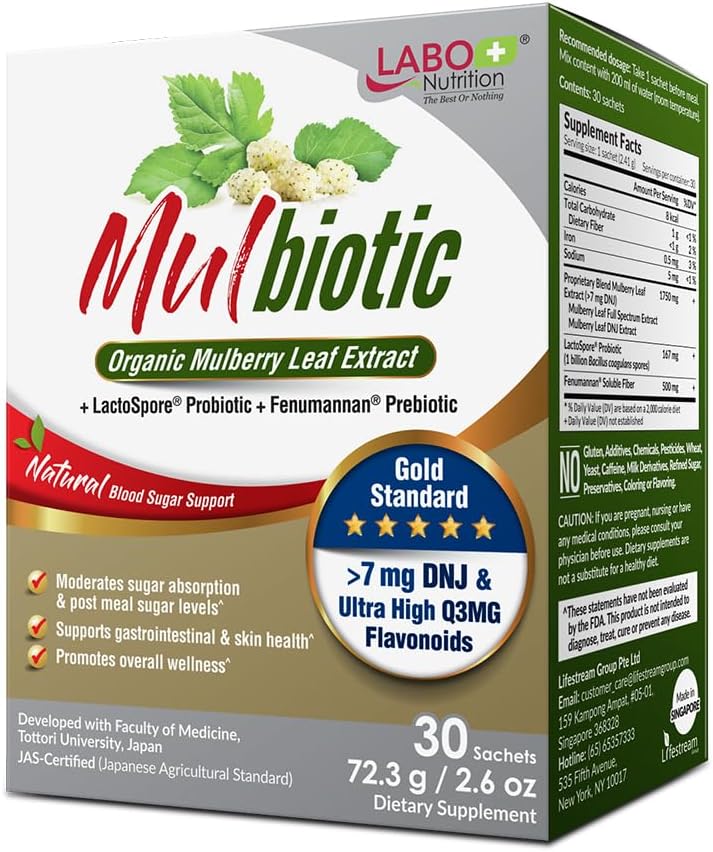 LABO Nutrition Mulbiotique, extrait de feuille de mûre biologique + probiotique de LactoSpore et prébiotique de Fenumannan, pour le soutien des caries, végétarien, non-OGM
