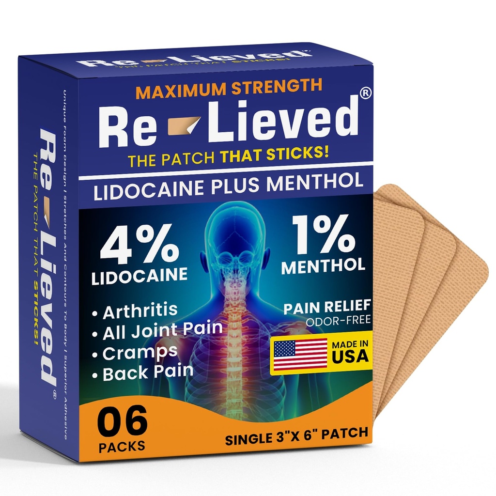 Patchs Lidocaïne avec Menthol - Soulagement maximal de la douleur du dos, du genou et des muscles - Patches médicamentées à action rapide - Fabriqué aux États-Unis - 6 Compte