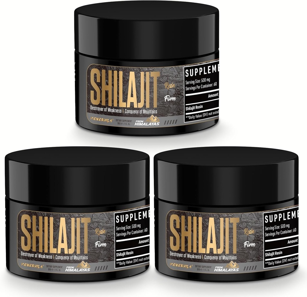 Résine de Shilajit - Résine de Shilajit biologique testée par une tierce partie riche en minéraux traces 85+, de grade d'or Himalayan pur Shiljait pour l'énergie (1 Fl Oz (paquet de 3))