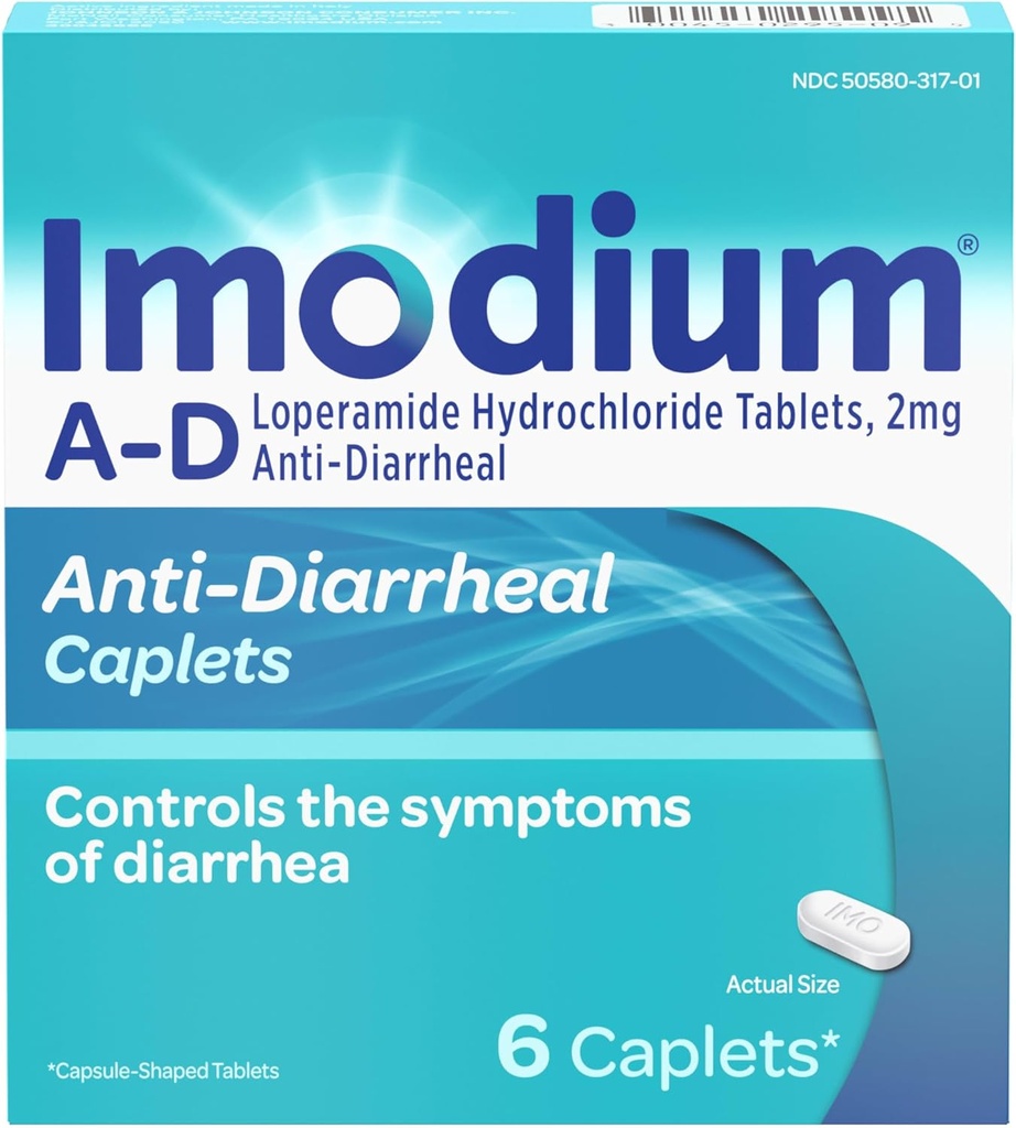 Caplets de soulagement de la diarrhée Imodium A-D avec HCl Loperamide, antidiarrhéique pour aider à contrôler les symptômes de la diarrhée due à la diarrhée aiguë et du voyageur, HSA/FSA admissible, 6 ct