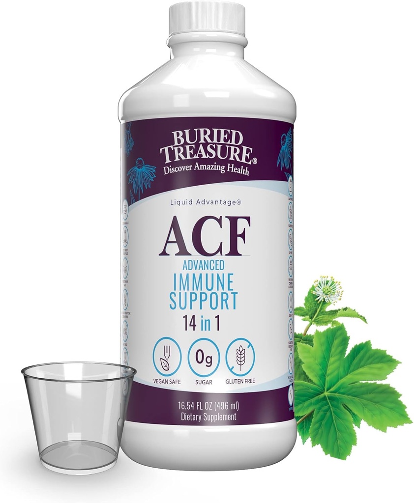 Buried Treasure ACF Immune Support - 16 oz, 16 Servings, Vitamin C, Elderberry, Zinc, Liquid Immune Booster with Vitamins and Minerals w/ Dose Cup
