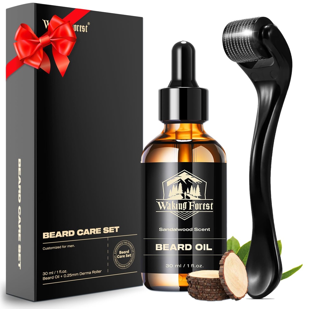 Waking Forest Derma Roller 0,25mm & Beard Oil(1oz), Sandalwood Beard Kit, Microneedle Beard Roller avec 540 Titanium, Hydratant Naturel avec Vitamine E Beard Oil pour hommes, Pères Boyfriend Papa