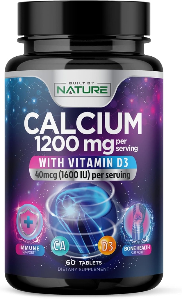 Calcium 1200mg avec vitamine D3 pour la meilleure absorption - Supplément de soutien aux os avancé, 1200 mg de carbonate de calcium et 1600 UI de vitamine D3, libération lente pour le soutien immunitaire, facile à avaler, 60 comprimés