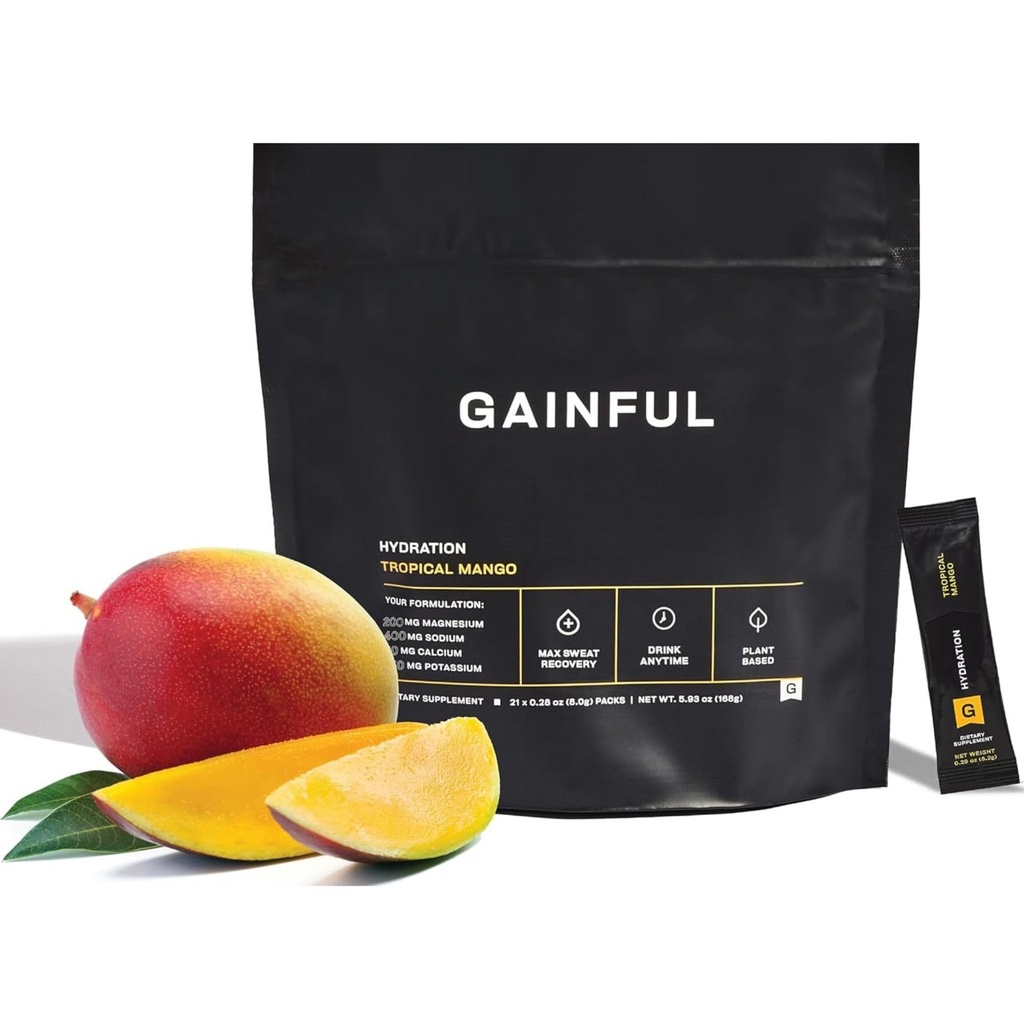 Packs de poudre d'hydratation gainée, sans caféine avec électrolytes clés Magnésium et sodium, support énergétique, faible sucre, mangue tropicale, 21 bâtons