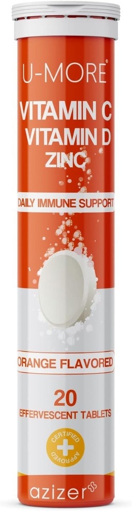 U-MORE Vitamine C 1000mg & Zinc + Vitamine D, 20 comprimés effervescents, Arôme orange, Supplément de soutien immunitaire, dissolution rapide, booste le système immunitaire, soutient la peau saine, les cheveux et les ongles