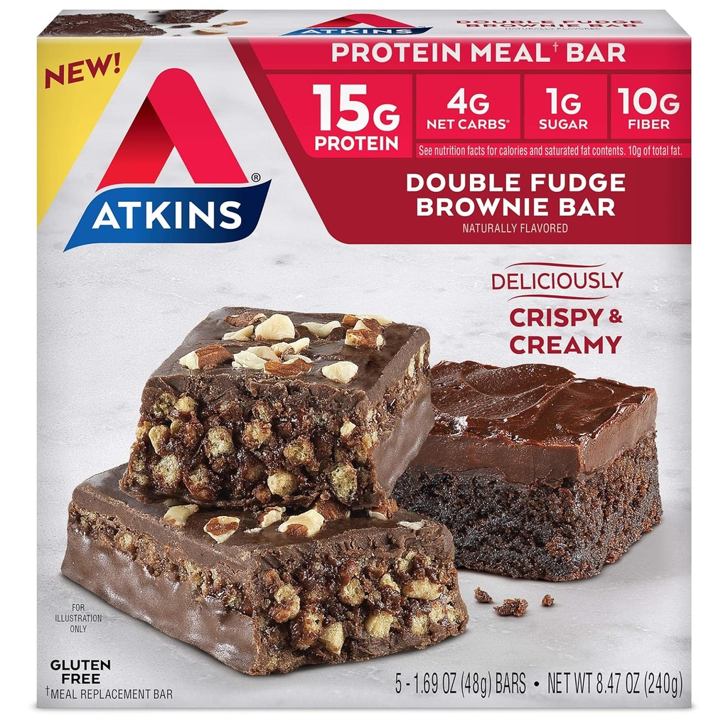 Atkins Double Fudge Brownie Meal Bar, Haute Fibre, 15g Protéines, 1g Sucre, 4g Net Carb, Remplacement des repas, Keto Friendly