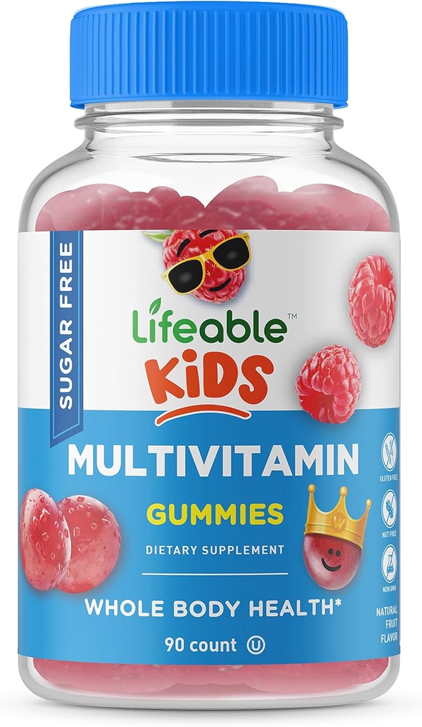Multivitamine sans sucre vital pour les enfants – Grand supplément naturel goûtant aux vitamines A, C, D, E, Niacine, B6, Folate, B12, Biotine, Acide pantothénique, Iodine, Zinc, – 90 Gummies