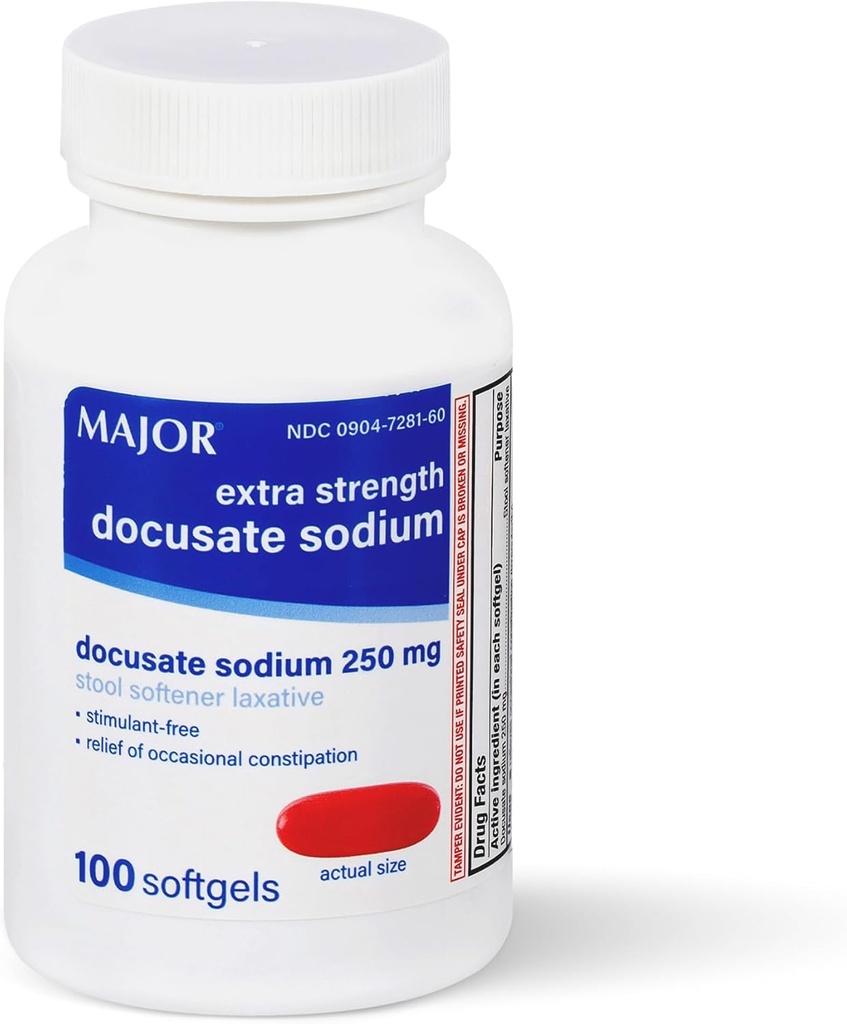 MAJOR Docusate Sodium 250 mg, softener extra-fort pour soulager la constipation occasionnelle – sans stimulant, 100 softgels (1 pack)