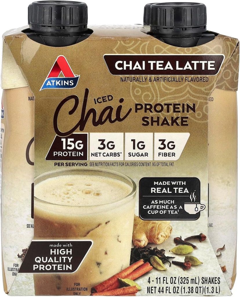 Atkins Iced Chai Tea Latte Protein-Rich Shake, Keto Friendly et sans gluten. (4 Shakes)